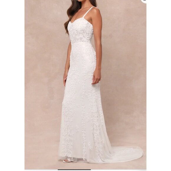 Lulus Momentous Love White Beaded Bustier Mesh Mermaid Maxi Wedding Dress Sz Med - Picture 1 of 16